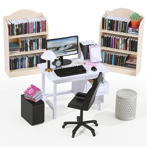 KIMO 1:12 Scale Mini Furniture: Desk Set w/PC, Bookshelf & Mini Books - color: Warm Beige