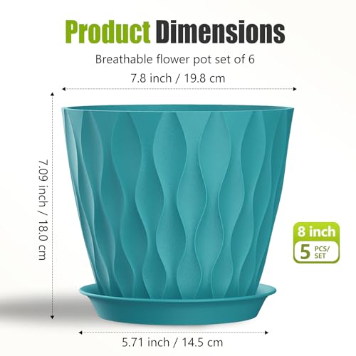 8 Inch Plastic Plant Pots,Set of 5 Flower Pots,Planters with Drainage Holes & Saucers, Indoor Outdoor Garden Pots for Home Decor(Blue-Green) - color: Blue-green