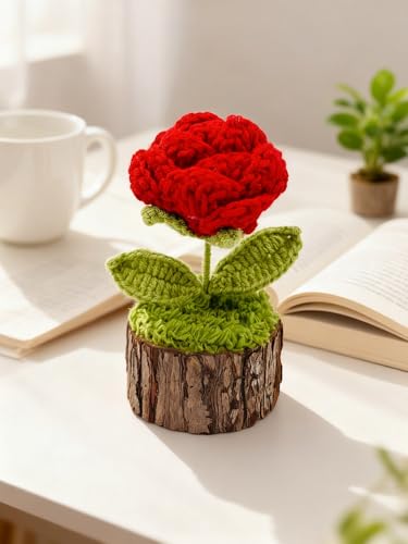 Crochet Red Rose Flowers Bouquet for Women Office Desk Decor - color: Crochet Red Rose