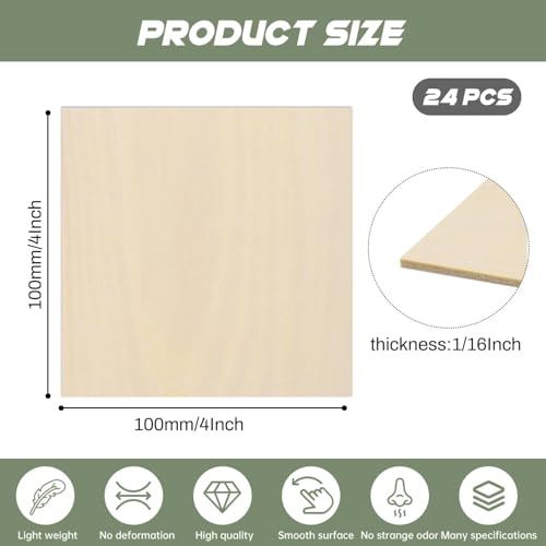 24 Pack Plywood Sheets, 4" x 4"x 1/16" Basswood Sheets - color: 24 Pack, size: 4" x 4"x 1/16"