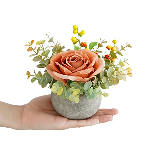 Small Artificial Orange Rose Potted Plant, Mini Faux Floral Decor - color: Orange