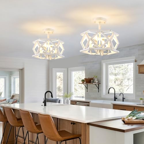 Antique White Semi Flush Mount Ceiling Light, Modern Foyer Lighting Fixture, 4-Light Metal Ceiling Lamp, Small Farmhouse Chandelier for Hallway Entryway Porch Bedroom Kitchen - color: White