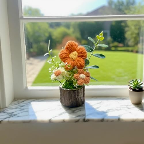 Handmade Crochet Puff Flowers with Wooden Base for Women Office Deck Decora - color: Orange Puff
