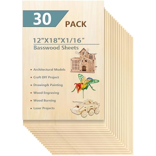 30 Pack 12"x18"x1/16 Basswood Sheets for Crafts- Thin Plywood Sheets - Balsa Wood Sheets -Unfinished Wood Boards for Painting,Laser Cutting,Engraving, Burning and CNC Cutting - color: 12 x 18 x 1.5mm