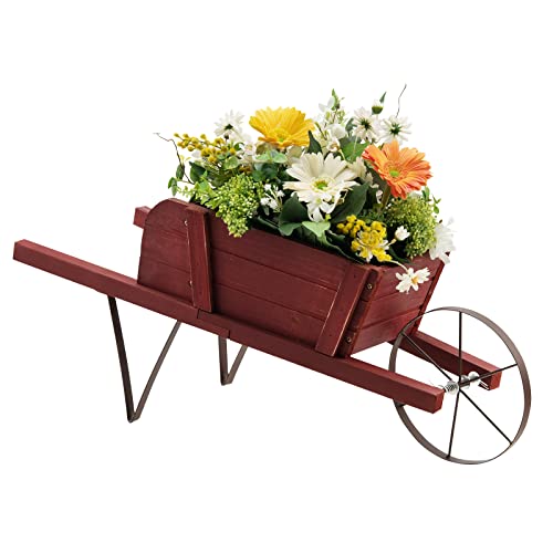 S AFSTAR Wood Wheelbarrow Planter, Flower Plant Pot Wheelbarrow Cart w/Metal Wheel & 9 Replaceable Magnet Accessories, Wooden Wagon Planter Wheelbarrow Decor for Outdoor Garden Backyard (Red) - color: Red