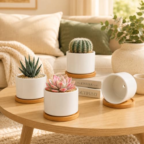 ZOUTOG 4 Pack 3.1" Ceramic Succulent Pots,White Planter with Drainage Tray - size: 4 Pack 3.1"