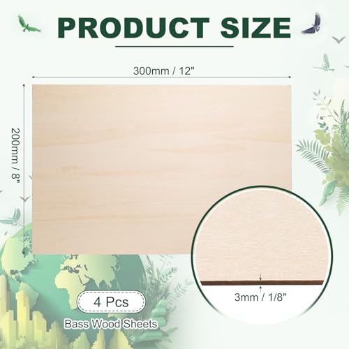 HARFINGTON 4pcs 3mm Basswood Plywood Sheet 12"x8"x1/8" Thin Plywood Board - size: 12"x8"x1/8"(3mm Thick)