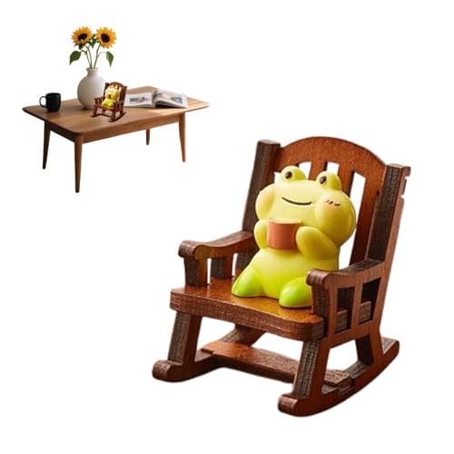 1 Set Miniature Frog Statue Charming Resin Frog Desk Ornament with Wooden Rocking Chair for Home Office Desk Decor