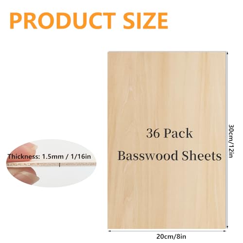 36 PCS Basswood Sheets for Crafts 8 x 12 x 1/16 in, 1.6mm Thick Unfinished Plywood for Laser Cutting Engraving, Architectural Model and DIY Ornaments