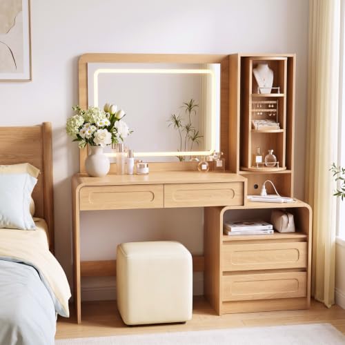 Mojztezy Modern Vanity Desk with Mirror, 4 Drawers Storage, Rotating Jewelry Organizer and USB-C Charging Station for Bedroom Dressing Room