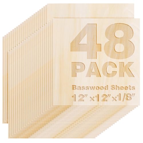 Basswood Sheets 12"x12"x1/8",3mm Basswood for Laser Cutting,Thin Plywood Board Unfinished Wood for Crafts, DIY Architectural Models Making, Wood Engraving (12inchx12inch-1/8-48Packs) - size: 12inchx12inch-1/8-48Packs