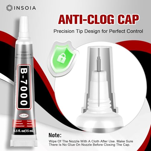 INSOIA B7000 Bedazzling Glue Tool Clear, 8 x 15ml Precision Tip - size: 15g*8pk*1 dual-end pen,1 wax pencil,1 tweezer