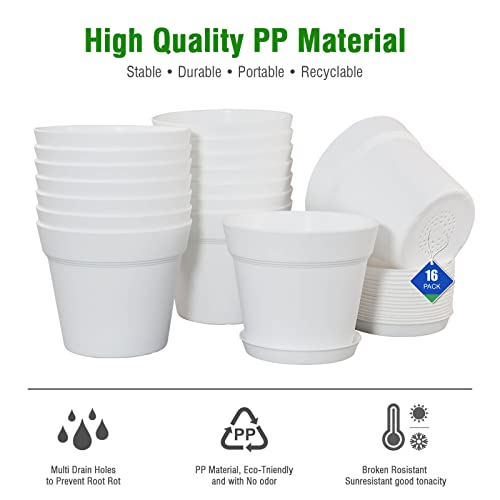 WOUSIWER 16 Pack 6 inch Plastic Planters for Indoor Flower Pots, Heavy Duty and Stylish 6 Inch Plant Pots for Indoor Plants with Drainage Holes and Tray for Plants, Flowers, White - color: White
