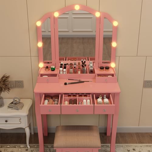 Pink Vanity Desk With Mirror And Lights For Girls Makeup Vanity Desk With Chair Vanity Table And Stool Set With 5 Storage Drawers 3 Colors Lighting Modes Tri Fold Vanity Mirror Lighted Vanity - style: Pink