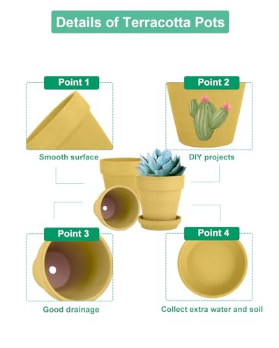 vensovo 4 Inch Yellow Terracotta & Clay Pots with Saucer, 6 Pack - color: Yellow
