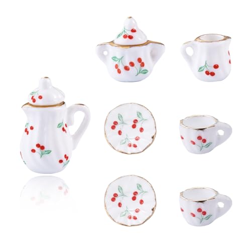 7Pcs Cherry Pattern Handmade Porcelain Mini Tea Sets White Miniature Ceramics Cup Teapot Sugar Bowl Cute Drink Dollhouse Kitchen Accessories for Necklaces Keychain Jewelry Making - color: White With Cherry