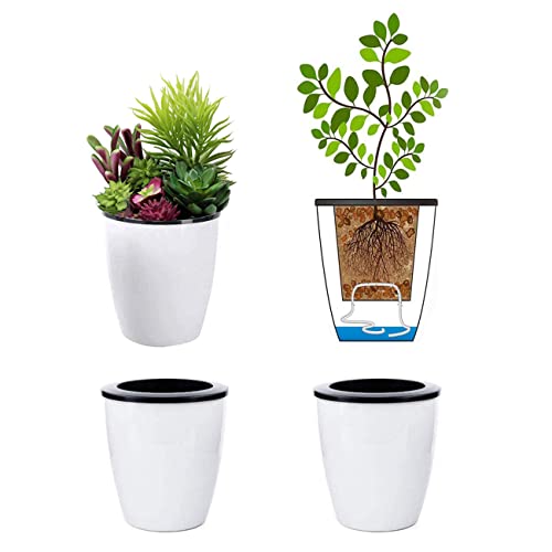 3.5“ Self Watering Planter White Flower Pot, 3 Pcs Small Planter Pot, Mini Plant Pot, for All Plants, Herbs, African Violets, Succulents, Flowers Or Start Plants, White, 3 inch - size: 3.5 Inch