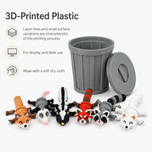 3D-Printed Woodland Animal Figurines, 8-Piece Articulated Raccoon, Fox, Skunk, Opossum, Red Panda and Arctic Fox Set with Gray Trash Can - color: Gray