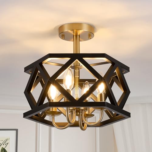 Black and Brushed Gold Semi Flush Mount Ceiling Light, Farmhouse Modern Light Fixture, 4-Light Metal Hallway Ceiling Lamp, Small Chandelier for Foyer Entryway Porch Bedroom Kitchen, E12 Base - color: Black & Gold