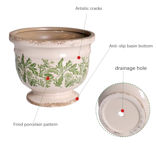 Vintage Ceramic Planter Pot with Drainage, 6.8 Inch Large Crackle Glaze Flower Pot with Green Floral Leaf Pattern for Succulents, Flowers, Farmhouse Country Rustic Planters for Gardening Gift