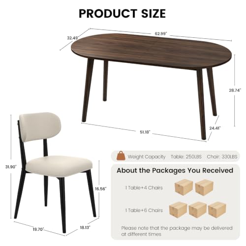 63" Oval Dining Table Set for 4 with Solid Wood Legs - color: Walnut Table Black-l Chairs