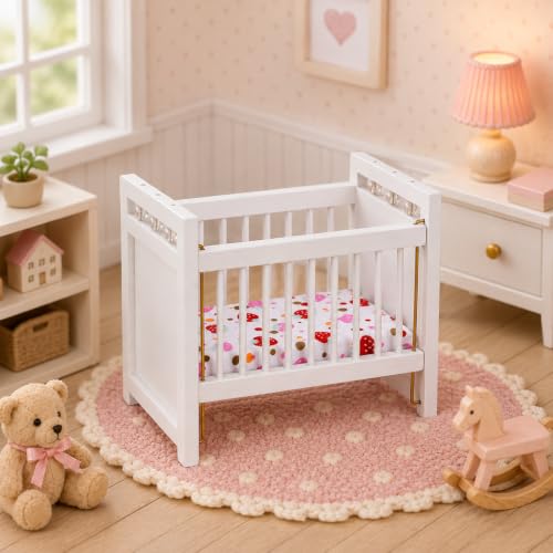 Garneck 1:12 Wooden Dollhouse Crib Miniature Nursery Bed with Bedding White
