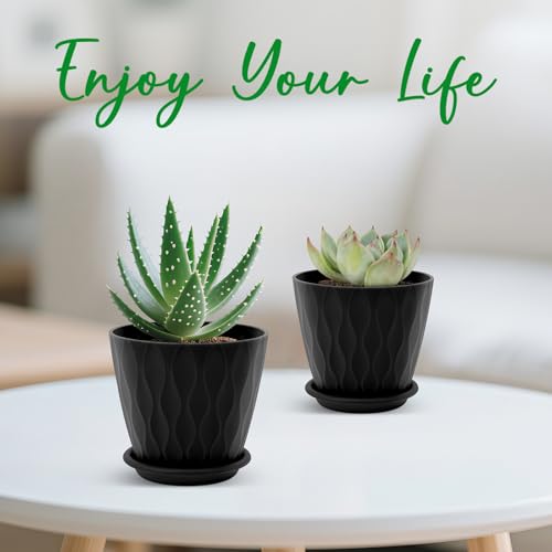 YNNICO 4 inch Plant Pots for Indoor with Drainage Holes and Tray Saucers - color: Black, size: 4 inch