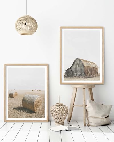 HesenDot Farmhouse Round Hay Bale Natural OAK Wood Framed Wall Art, 12x16in - color: Framed Hay Bales