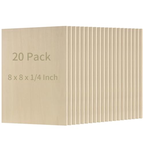 JEUIHAU 20 Pack 8 x 8 Inch Basswood Sheets, 1/4 Inch Thick Square Plywood Wood Sheets, Unfinished Basswood Sheet for Engraving, Wood Burning and Laser Projects
