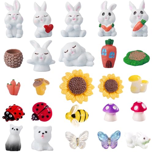 25PCS Mini Figurines Set with Rabbits - Mixed Resin Animals & Garden Decor with Mushroom, Ladybug, Bee, Butterfly for Fairy Garden, Terrarium, Plant Pot & Bunny Decor - style: 25PCS Farm Rabbit