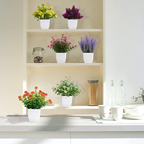Yoratee 6 Pack Small Fake Plants Mini Artificial Faux Flowers with Pot Mini Potted Plants for House Office Desk Tabletop Decoration - color: A-colorful-6pcs