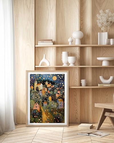 HesenDot Gustav Klimt Moon Stars Natural OAK Wood Framed Wall Art,12x16in - color: Framed Gustav Klimt Oak Wood