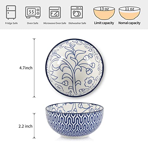 Selamica Ceramic 12 OZ Dessert Bowls Set, Ice Cream Bowls, 4.7 Inch Small Bowls for Snack, Side Dishes, Rice, Microwave Dishwasher Safe, Set of 6, Vintage Blue - color: Vintage Blue, size: 4.7 Inch