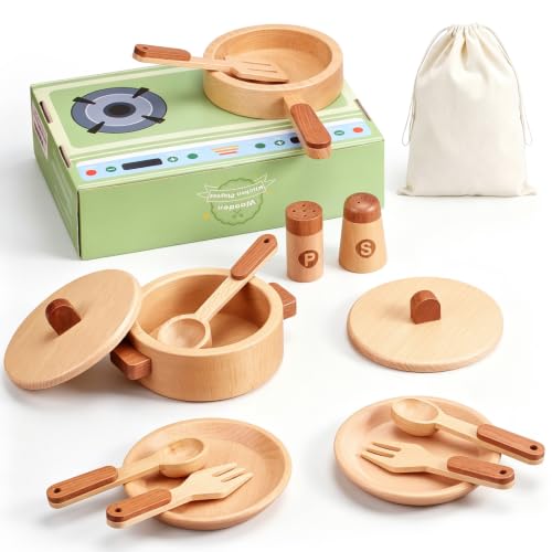 WHOHOLL 15 Pcs Wooden Pots and Pans Set, Play Kitchen Accessories Toy with Plates Utensils Storage Bag, Montessori Pretend Cookware Playset Gift for Kids Ages 3 4 5 6 (Standard) - size: Standard