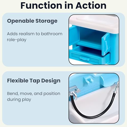 Family Dollhouse Bathroom Set — Bathtub with Hand Shower, Sink with Mirror & Toilet, Soap, Toothbrush & Toilet Paper Roll — Dollhouse Furniture & Accessories for Ages 3+ - style: Bathroom Set