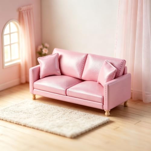 1:12 Dollhouse Leather Double Sofa&Pillows, Living Room Accessories Decor - color: Pink