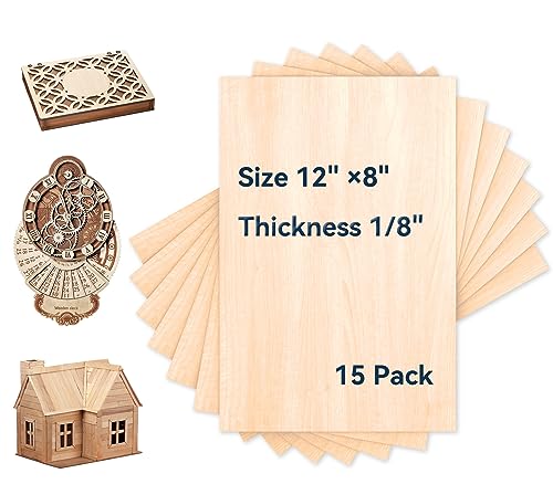 Basswood Plywood Sheets-15 Pack 12" x 8" x 1/8" Unfinished Craft Wood Pieces for Engraving and Cutting, Architectural Modeling, Drawing - color: Basswood Sheet 15 Pack 12" X 8" X 1/8"