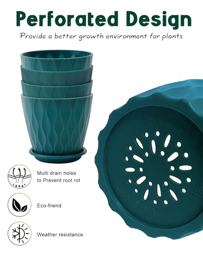 6 Inch Indoor Planter Pots with Drainage Hole and Tray Saucer,Flower Pots for Indoor Outdoor Garden Plants and Flowers, Multicolor, 5 Packs (Blue)