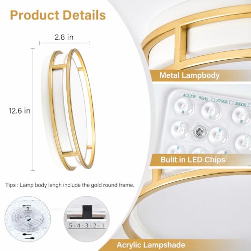 Modern Flush Mount Ceiling Light, White Gold Dimmable Ceiling Light Fixture - color: White and Gold, size: 12.6in
