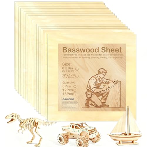 Basswood Plywood Sheets, 12 x 12 in, 3 mm, 18 Pack - size: 12 x 12 x 1/8 Inch