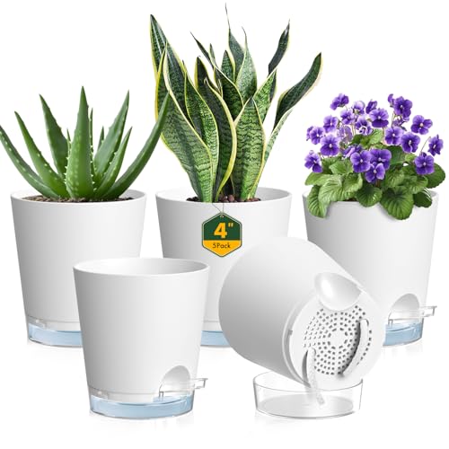 Meowell 4 inch Self Watering Pots for Indoor Plants, 5 Pack Small Flower Plant Pots with Drainage Holes and Clear Reservoirs, Visible Water Level, Plastic Planters with Wicking Rope, White - color: White, size: 4in 5pcs