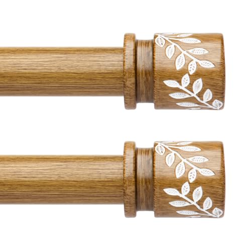 QDWIS 2 Pack Natural Wood Curtain Rods for Windows 48 to 84 inch Boho Decorative Handmade Wood Grain Drapery Rods with Leaf Finial 1" Adjustable Heavy Duty Curtain rod for Living Room Bedroom - color: Natural Wood, size: 36'' - 88'' (2 Pack)