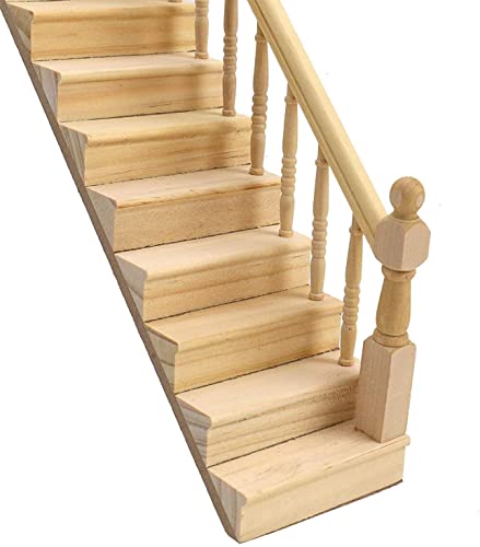Miniature Stairs 1:12 Scale Dollhouse Furniture Wooden Handrail DIY Unpainted Staircase Dollhouse Accessories Pre-Assembled Steps Model (Right-Handrail) - style: Right-Handrail