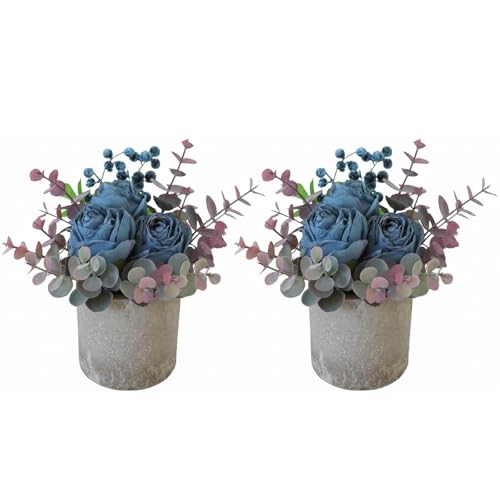 Artificial Burnt Blue Rose Potted Plant, 2 Pcs Mini Faux Decor - color: 2pcs Burnt Blue
