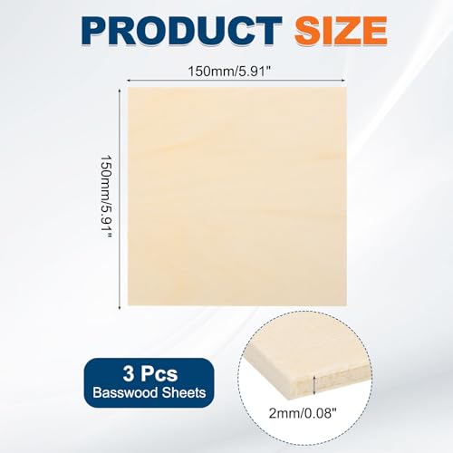 MECCANIXITY 3pcs Basswood Sheets 6x6 x 5/64" Unfinished Wood Boards Plywood - size: 6 x 6 x 5/64 Inch