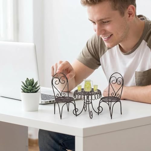 6 PCS Dollhouse Mini Bistro Table & Chairs Set with Resin Lemon Tea Set - color: Black