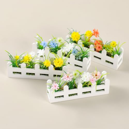 Artificial Flower Set Wooden Picket Fence Planter Box Fake Floral Ornament Micro Landscape Desk Decor for Women Adult (1C) - color: 1c