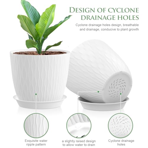 WSMKSZ 7 inch Plant Pots, 5 Pack Flower Pots with Drainage Holes and Saucers for Indoor Plants, Plastic Planters with Water Ripple for Small Garden House Plants, Nursery Pots for Succulent, White - color: White, size: 7inch 5pcs