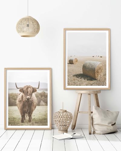 HesenDot Farmhouse Highland Cow Natural OAK Wood Framed Wall Art, 12x16in - color: Framed Highland Cow