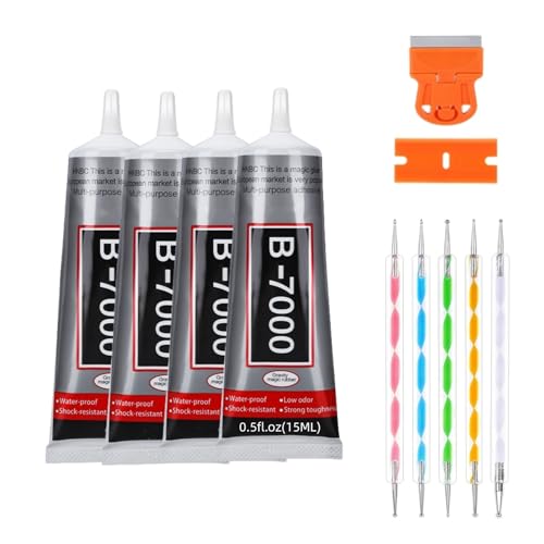 B-7000 Clear High-Viscosity Glue - Perfect for Rhinestones, Jewelry, Beads | Ideal for Fabric, Shoes, Clothes, Phone Screens, Metal, Stone, Nail Art, Glass (4X15ML/0.5oz)